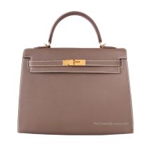 Hermes Kelly 32 in Étoupe Epsom leather with Gold Hardware, front view