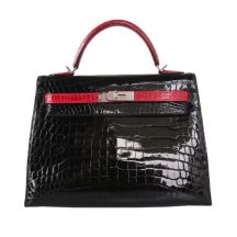Hermes Kelly 32 in Black and Rouge Casaque Niloticus Crocodile with Palladium Hardware, front view