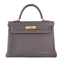 Hermes Kelly 32 in Étain Togo leather with Gold Hardware, front view