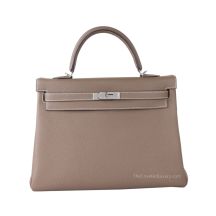 Hermes Kelly 35 in Étoupe Togo leather with Palladium Hardware, front view