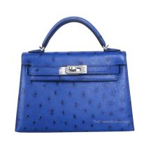 Hermes Mini Kelly II 20 in Bleu Electrique Ostrich with Palladium Hardware, front view