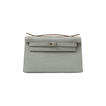 Hermes Kelly 22 Pochette Matte Alligator Gris Perle Silver Hardware Front View