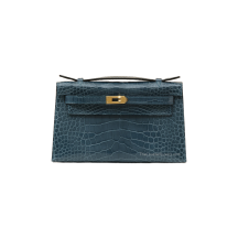Hermes Kelly 22 Pochette Shiny Alligator Bleu Tempete Gold Hardware Front View