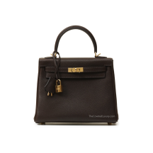 Hermes Kelly 25 Barenia Faubourg Calfskin Leather Ébène Gold Hardware Front View
