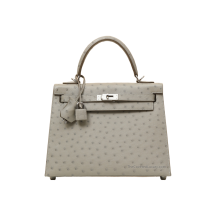 Hermes Kelly 25 Ostrich Gris Perle Palladium Hardware Front View