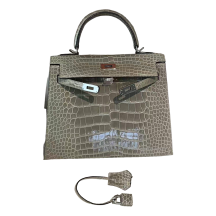 Hermes Kelly 25 Shiny Alligator Gris Tourterelle Silver Hardware Front View
