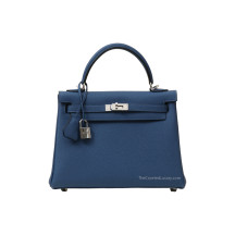 Hermes Kelly 25 Togo Leather Bleu Tie Silver Hardware Front View