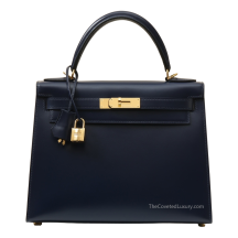 Hermes Kelly 28 Box Leather Bleu Saphir Gold Hardware Front View