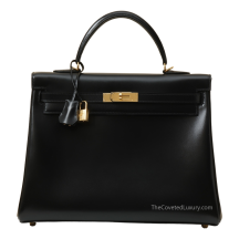 Hermes Kelly 35 Box Leather Noir Gold Hardware Front View