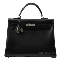 Hermes Kelly 35 Box Leather Noir Palladium Hardware Front View