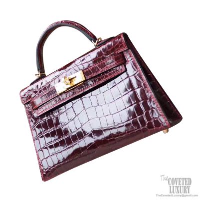 Hermes Kelly 22cm Burgundy Mini Pochette Shiny Croc PHW - Lilac Blue London