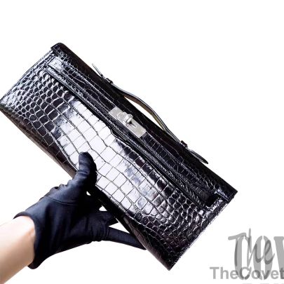 Hermes Kelly Cut 31 Clutch ck89 Noir Shiny Porosus Croc PHW