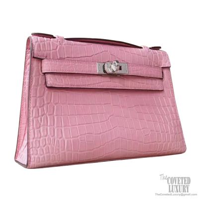 Hermes Mini Kelly 22 Pochette Bag 5p Pink Matte Nile Croc PHW