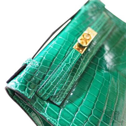 Hermes Mini Kelly 22 Pochette Bag Vert Emeraude Shiny Nile Croc GHW