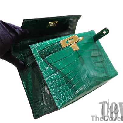 Hermes Mini Kelly 22 Pochette Bag Vert Emeraude Shiny Nile Croc GHW