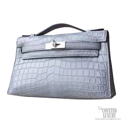 Hermes Mini Kelly 22 Pochette Bag 8m Gris Paris Matte Nile Croc PHW