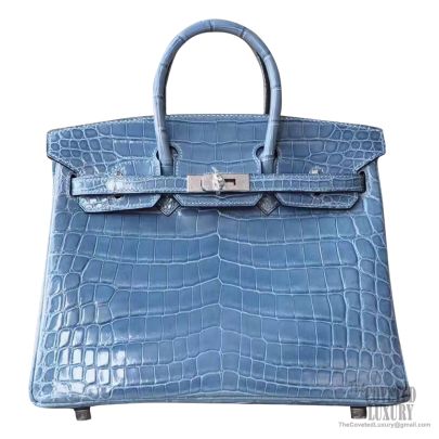 Hermes Birkin 25 Handbag N7 Blue Tempete Shiny Niloticus GHW