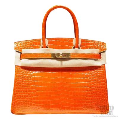 Hermes 30cm Shiny Orange H Porosus Crocodile Birkin Bag with Gold, Lot  #58288