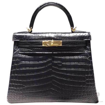 Hermes Kelly 32 Bag Black Crocodile GHW