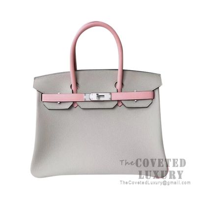 Hermes Birkin 30 Bag CC80 Pearl Grey And 3Q Rose Sakura Swift SHW