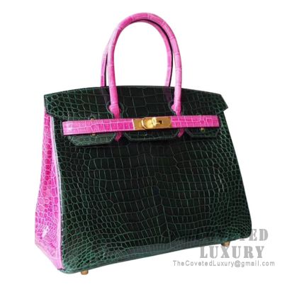 Hermes Birkin 30 Handbag CC67 Vert Fonce And J5 Rose Scheherazade Shiny  Alligator GHW