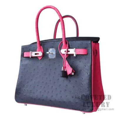 Hermes Birkin 30 Handbag 89 Noir And Fuschia Pink Ostrich SHW