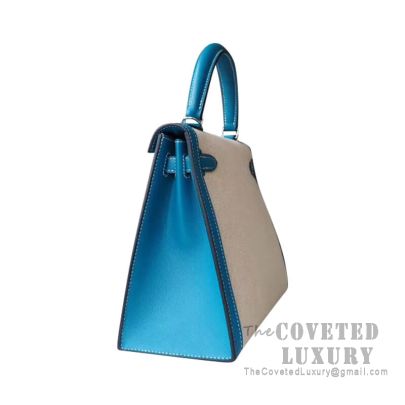 Hermes Kelly 25 Handbag CC75 Blue Jean Swift And Canvas SHW