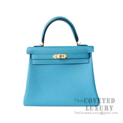 Hermes Kelly 25 Handbag 7B Turquoise Blue Togo GHW