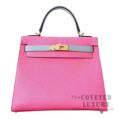 Hermes Kelly 28 Handbag 8W Rose Azalee And 8U Blue Glacier Epsom GHW