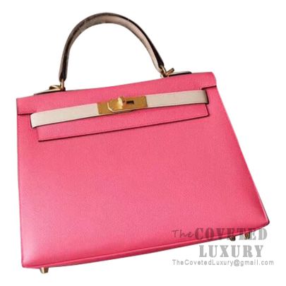 Hermes Kelly 28 Handbag 8W Rose Azalee And CC10 Craie Epsom GHW