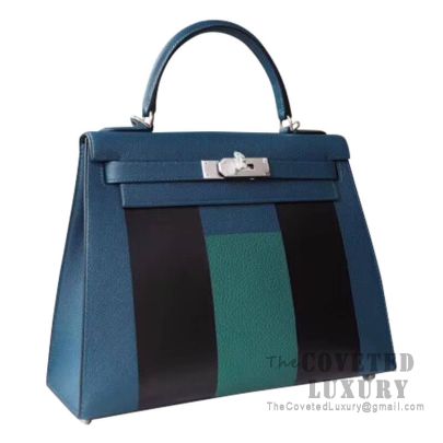 Kellygraphie Hermes Kelly 28 Handbag Letter H Sellier Vert Cypres Epsom And Bleu Obscuer Sombrero And