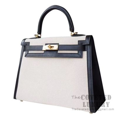Hermes Kelly 28 Handbag 89 Noir Swift And Canvas GHW