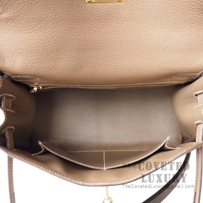Hermes Etoupe GHW Gold Hardware Togo Kelly 28 Leather Handbag