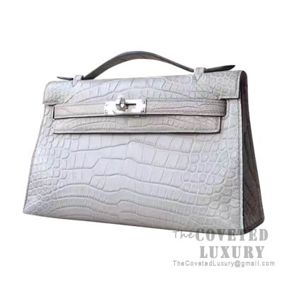 Hermes Mini Kelly 22 Pochette Bag ck80 Pearl Grey Swift GHW