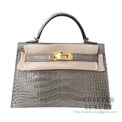 Hermès Kelly Sellier Mini II Gris Tourterelle Lisse Crocodile Alligator PHW  from 100% authentic materials!