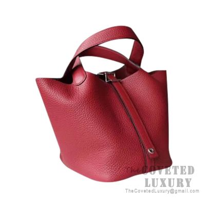 Auth HERMES Picotin Lock Eclat MM - Rouge Grenat Rouge Piment Taurillon  Clemence