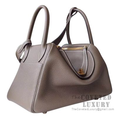 Hermes Lindy bag 26 Etoupe grey Clemence leather Gold hardware