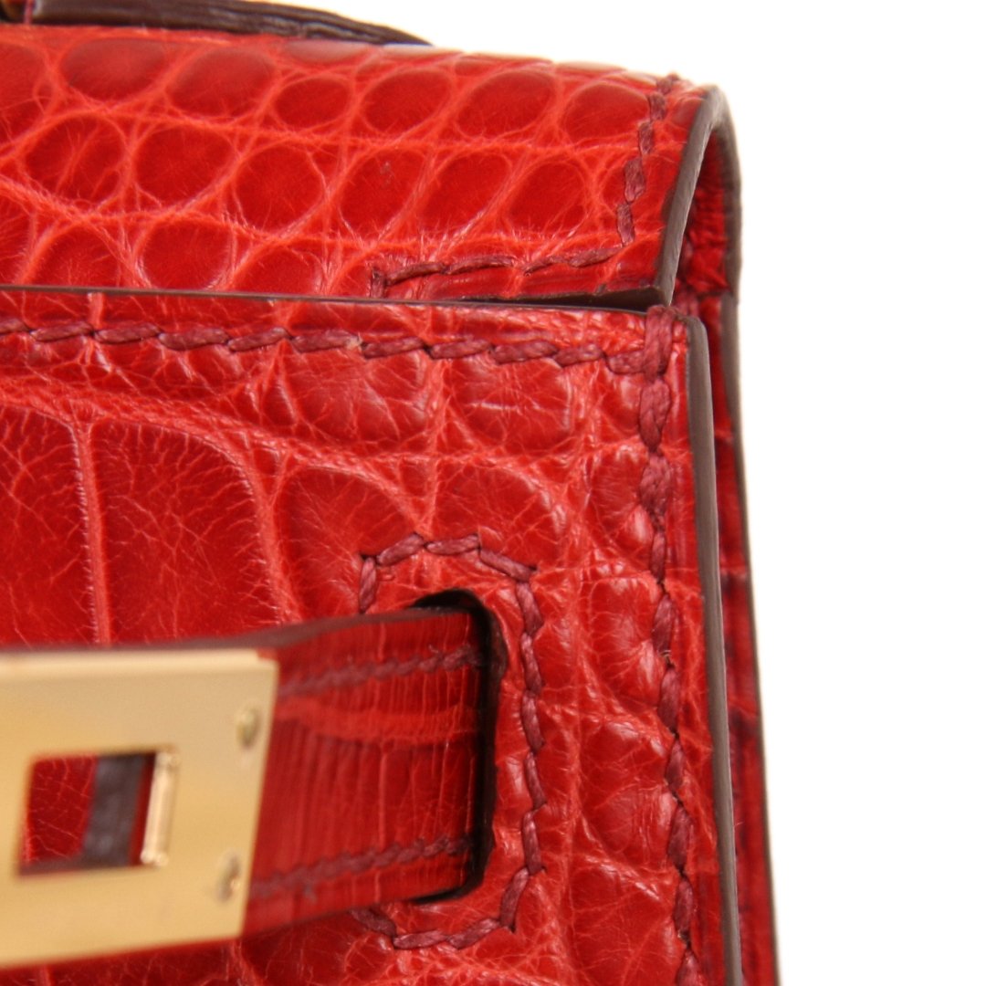 Close-up of a red reptile-pattern handbag with stitching and gold-tone hardware